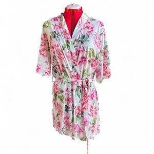 Show Me Your Mumu White With Pink & Green Watercolor Floral Robe With Tie